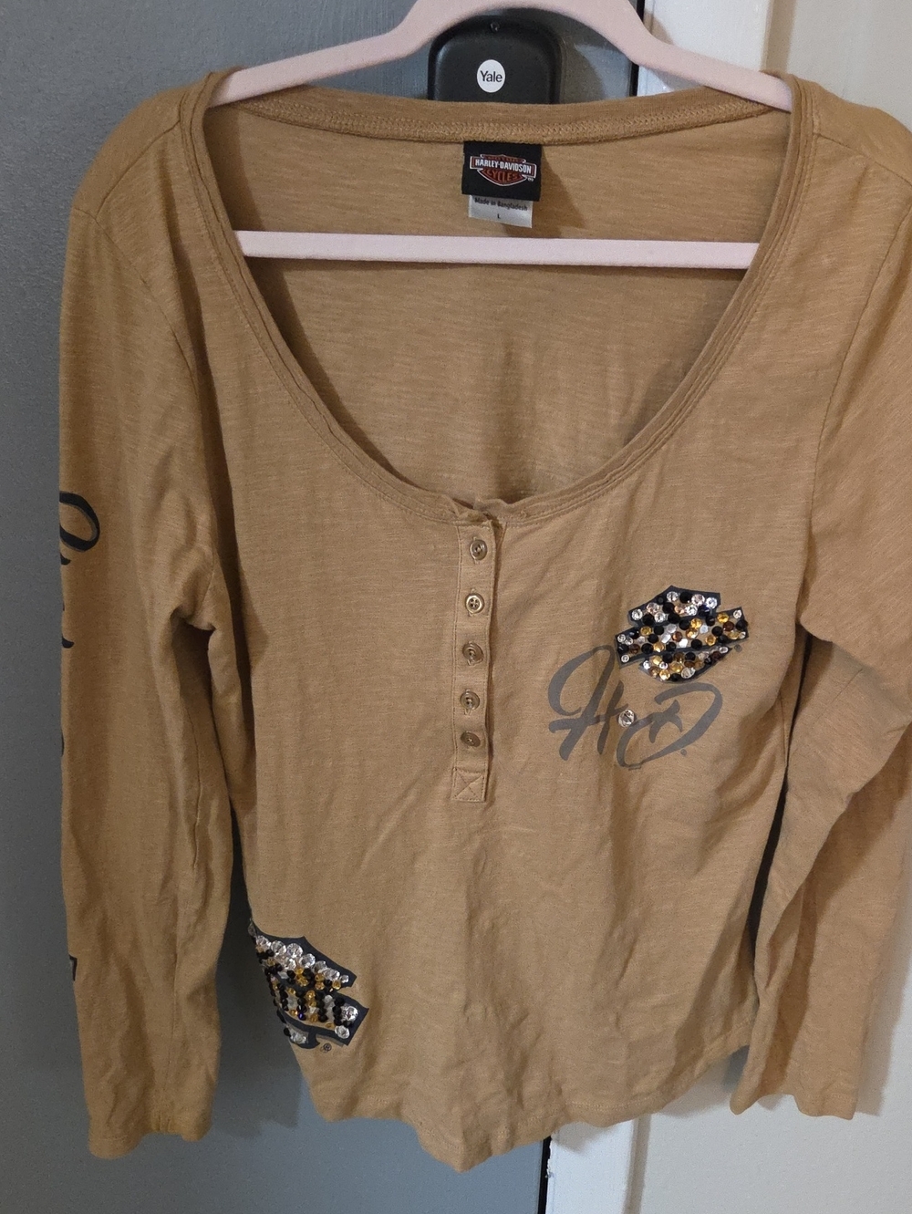 Harley-Davidson Women's Tan Long Sleeve Henley with Sequin Stud Accents